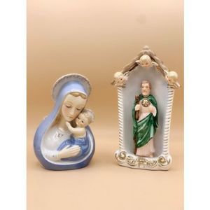 Vintage Virgin Mary Jesus Ceramic Planter Head And St Francis with Angels